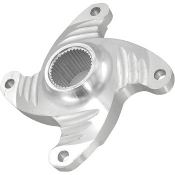 The Yamaha Raptor Yamaha YFZ Sprocket Hub Aluminum by Dura Blue is a silver, metallic replacement hub with four lobes, a central splined hole, and four mounting holes, featuring sculpted grooves for enhanced performance.