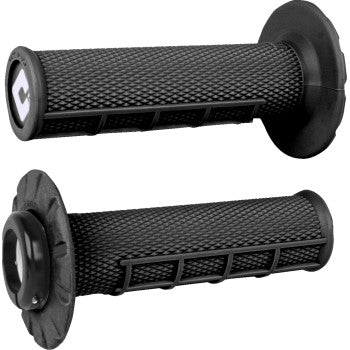 Two black ATV Half Waffle v2.1 Lock On Grips by Odi are shown, featuring a textured half-waffle pattern and round flange for secure grip on bikes or motorcycles. Compatible with ODI V2.1 Lock-Jaw Clamps for enhanced stability.
