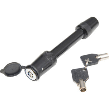 The Trimax Receiver Lock With Key 5/8 Black is shown with two silver keys on a keyring; it features a quarter-turn locking mechanism and a keyhole cover for added security.
