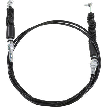 The Polaris UTV Shifter Cable by Moose Offroad features a black coiled design with stainless steel end fittings and protective rubber boots at both ends, offering enhanced durability and corrosion resistance for off-road vehicle use.