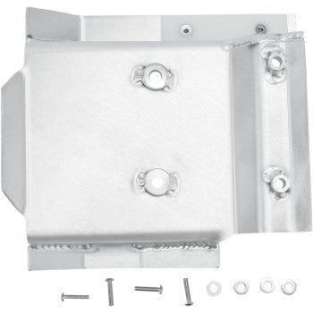 The Yamaha YFZ Swingarm Skid Plate by DG Performance, a silver metal bracket with welded joints and three screws, offers swingarm protection. Four additional screws, bolts, and washers are included against a white background.