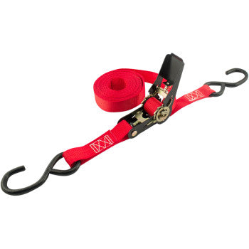 The Ratchet Strap 1 x 15 Red by Erickson features durable polyester webbing, black metal S hooks, a central ratcheting mechanism, and a coiled strap—ideal for safely securing your cargo.