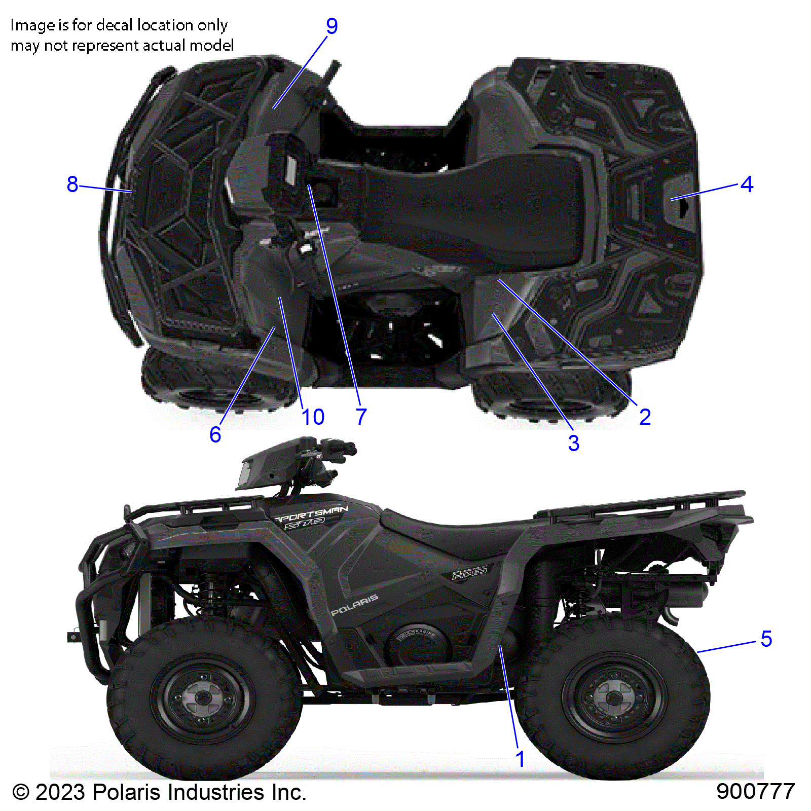 An Image of a Genuine Polaris Parts Schematic Diagram showing the schematic - BODY: DECALS STANDARD - 2024 POLARIS SPORTSMAN 570 UTILITY