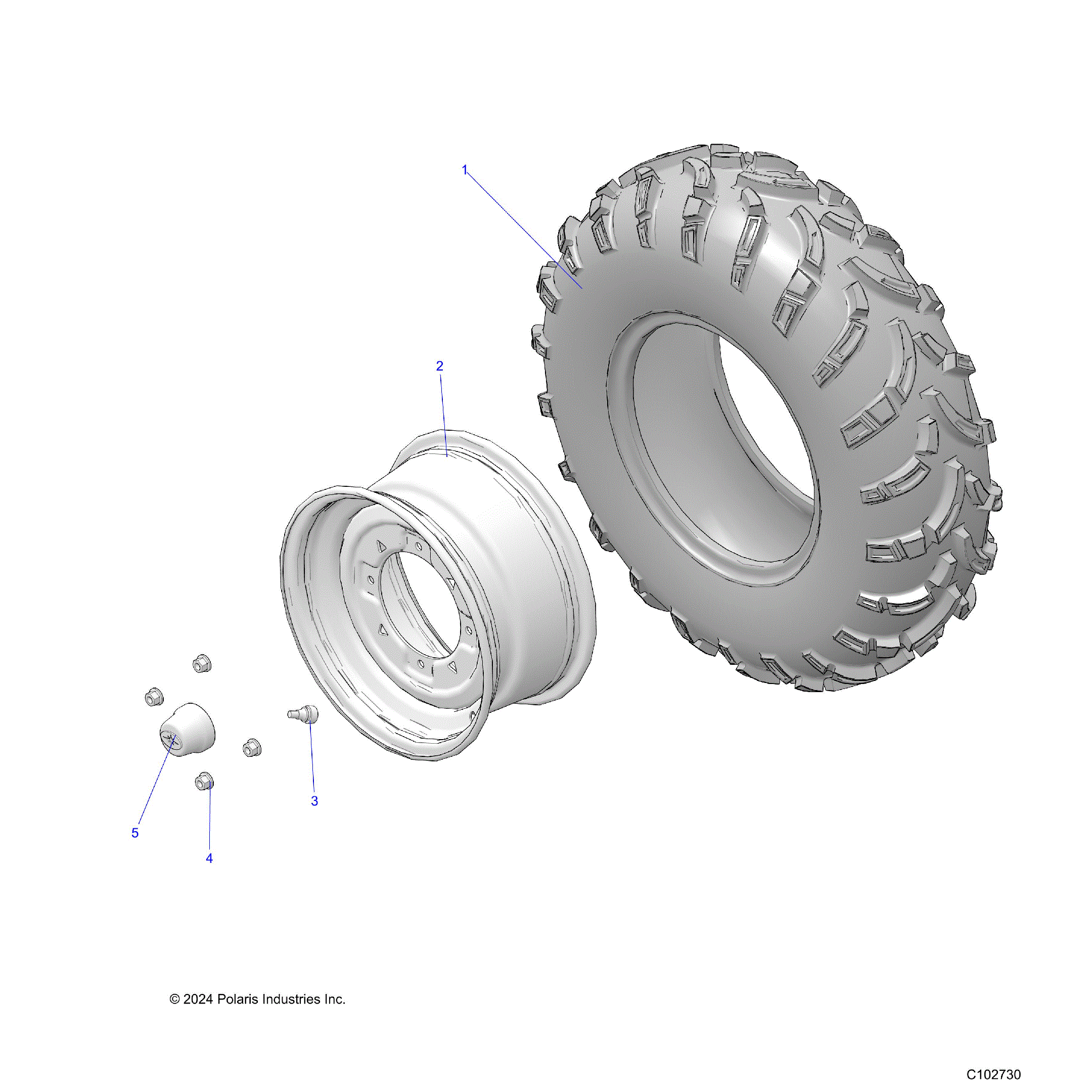 An Image of a Genuine Polaris Parts Schematic Diagram showing the schematic - WHEELS: FRONT TIRE - 2025 POLARIS SPORTSMAN 570 UTILITY