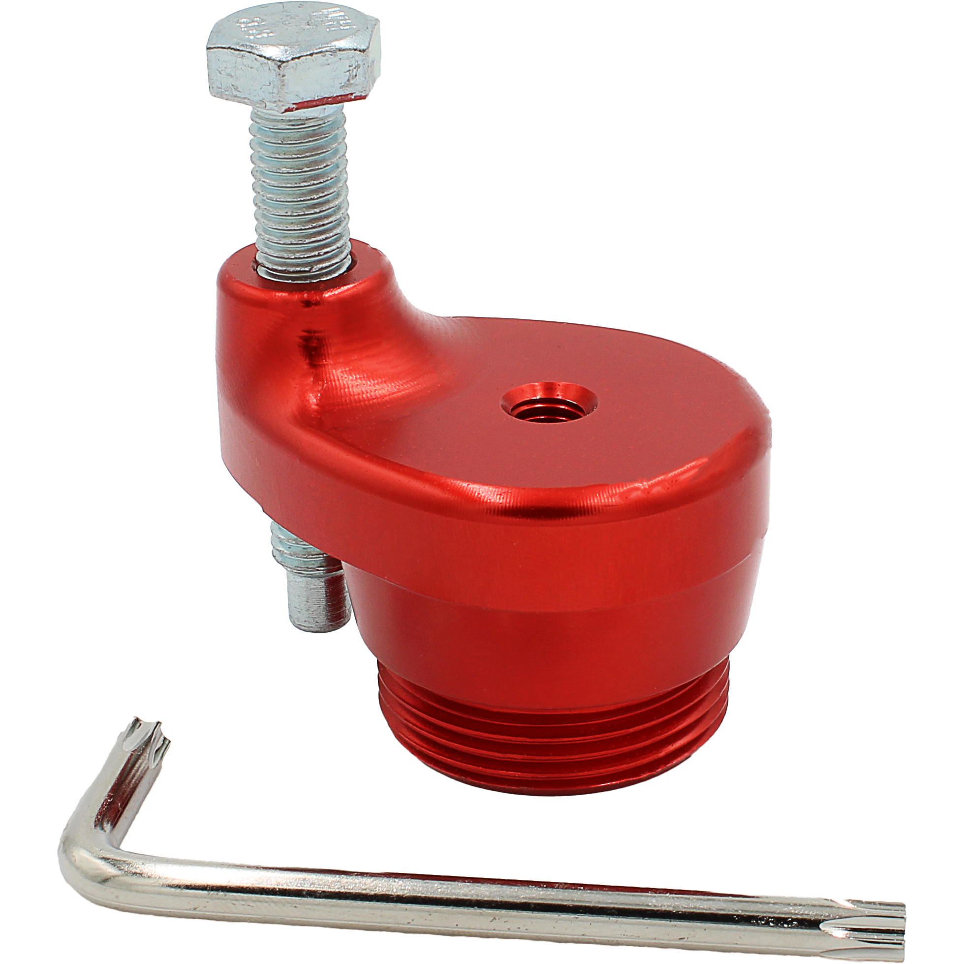 The Belt Change Tool by EPI, a red metal device with a bolt on top and a central hole, is pictured next to a small silver torx wrench on a plain white background.