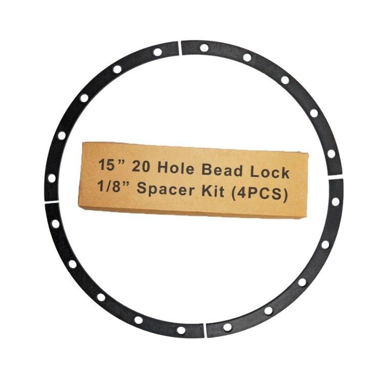 A black circular metal ring with evenly spaced holes and a brown box labeled ATV / UTV Beadlock Ring Spacer 15inch 20 Hole by Raceline (4PCS) shown on a white background.