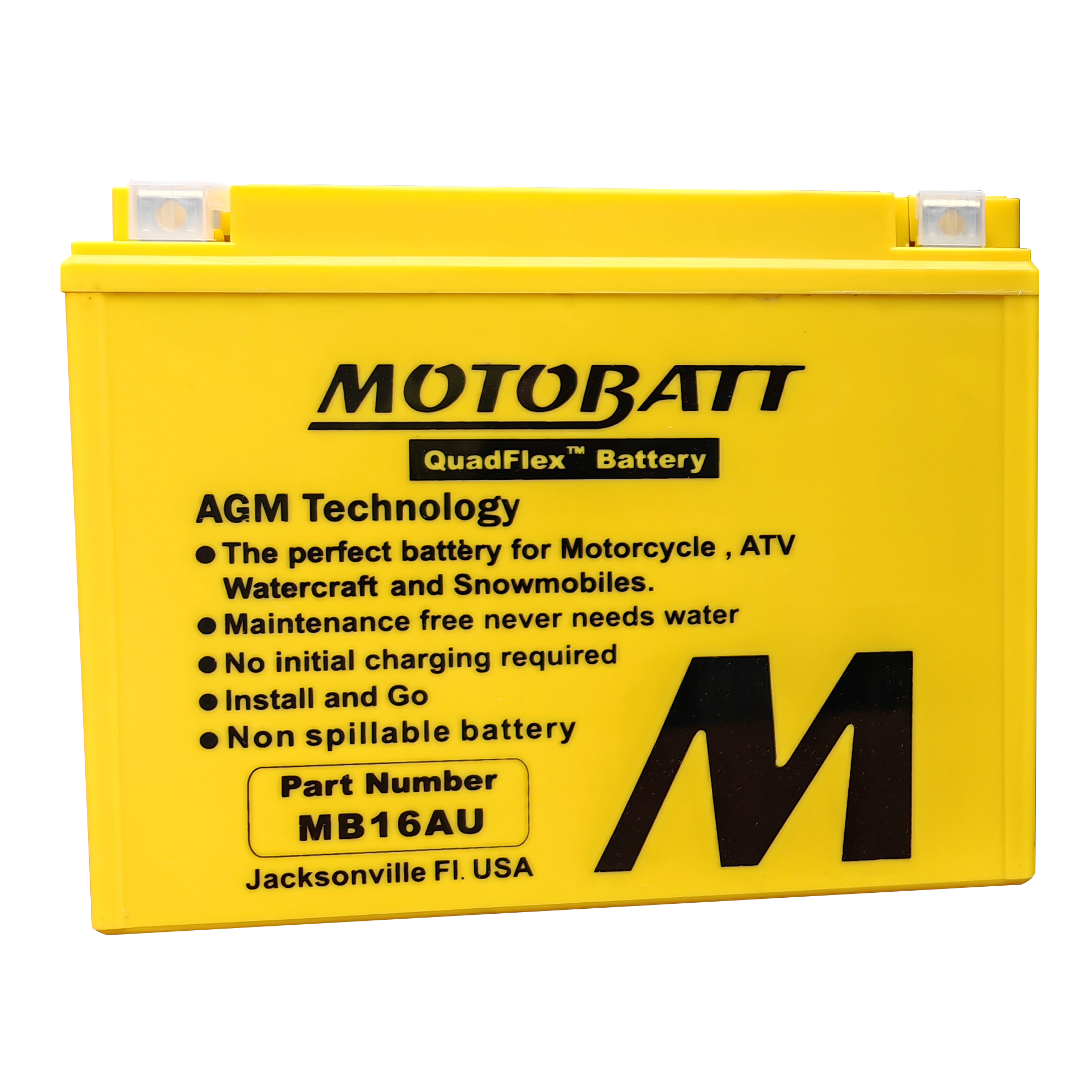 The Mb16Au Sealed Factory Activated AGM Battery by MotoBatt is a maintenance-free, non-spillable yellow battery with black text, offering superior starting power for motorcycles, ATVs, watercraft, and snowmobiles. Part number: MB16AU.