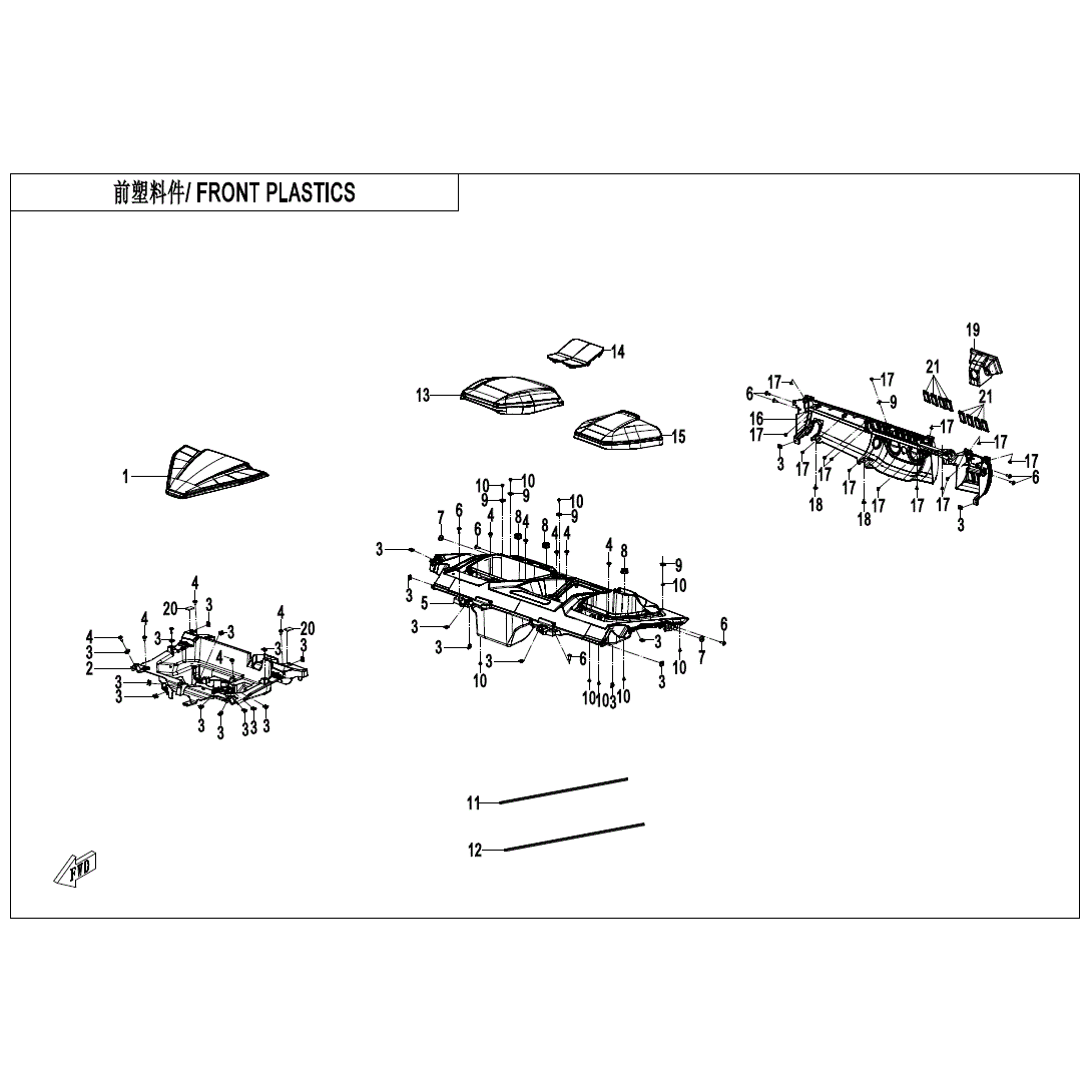 An Image of a Genuine CFMOTO Parts Schematic Diagram showing the schematic - FRONT PLASTICS - 2025 CFMOTO ZFORCE 950 Trail