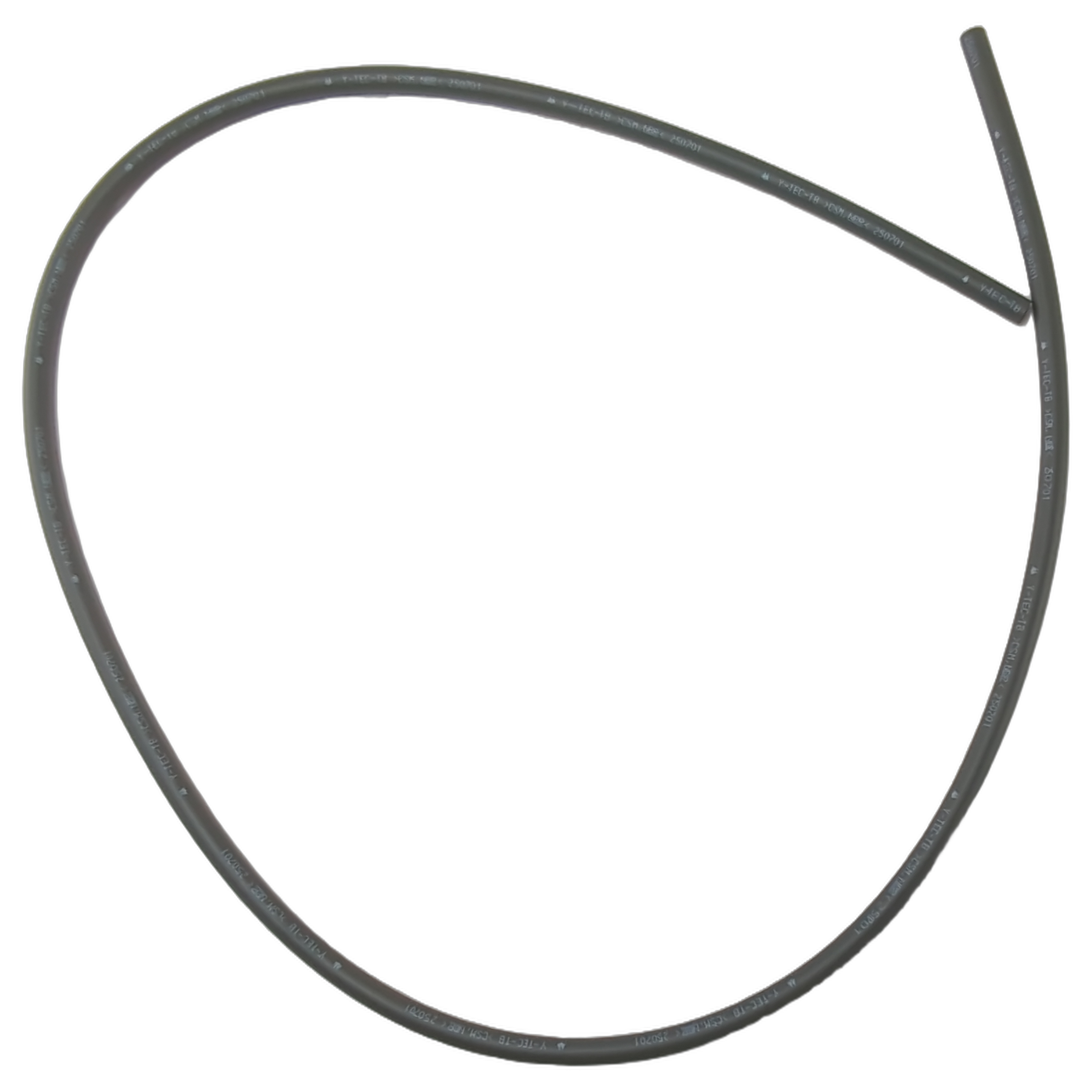Flexible black vacuum hose with smooth surface, coiled loosely in an irregular loop.