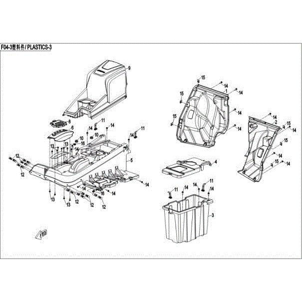 An Image of a Genuine CFMOTO Parts Schematic Diagram showing the schematic - PLASTIC-3 - 2016 CFMOTO UFORCE 500