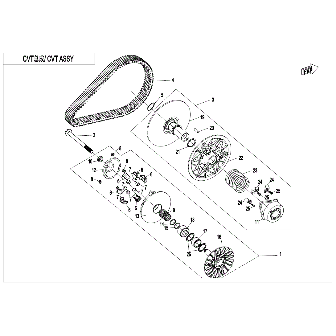 An Image of a Genuine CFMOTO Parts Schematic Diagram showing the schematic - CLUTCH & CVT ASSY - 2025 CFMOTO UFORCE 600
