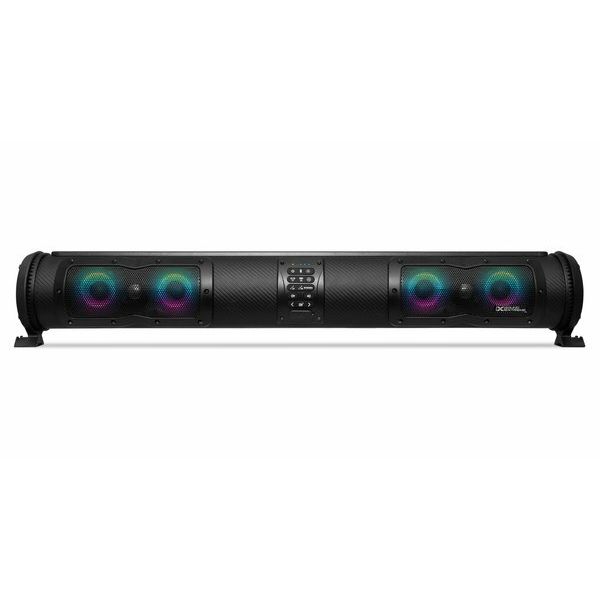 The Seds33 Soundextreme Elite With Ledcasting by EcoXGear is a black Bluetooth 5.0 soundbar speaker featuring four multicolored circular LED lights and center control buttons, shown on a white background.