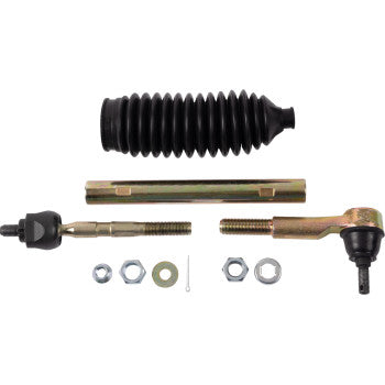 The Tie Rod Assembly Kit by Moose Offroad includes a black rubber boot, metal rod, inner rod assemblies, nuts, washers, and a cotter pin—everything needed for your steering rack—displayed on a white background.