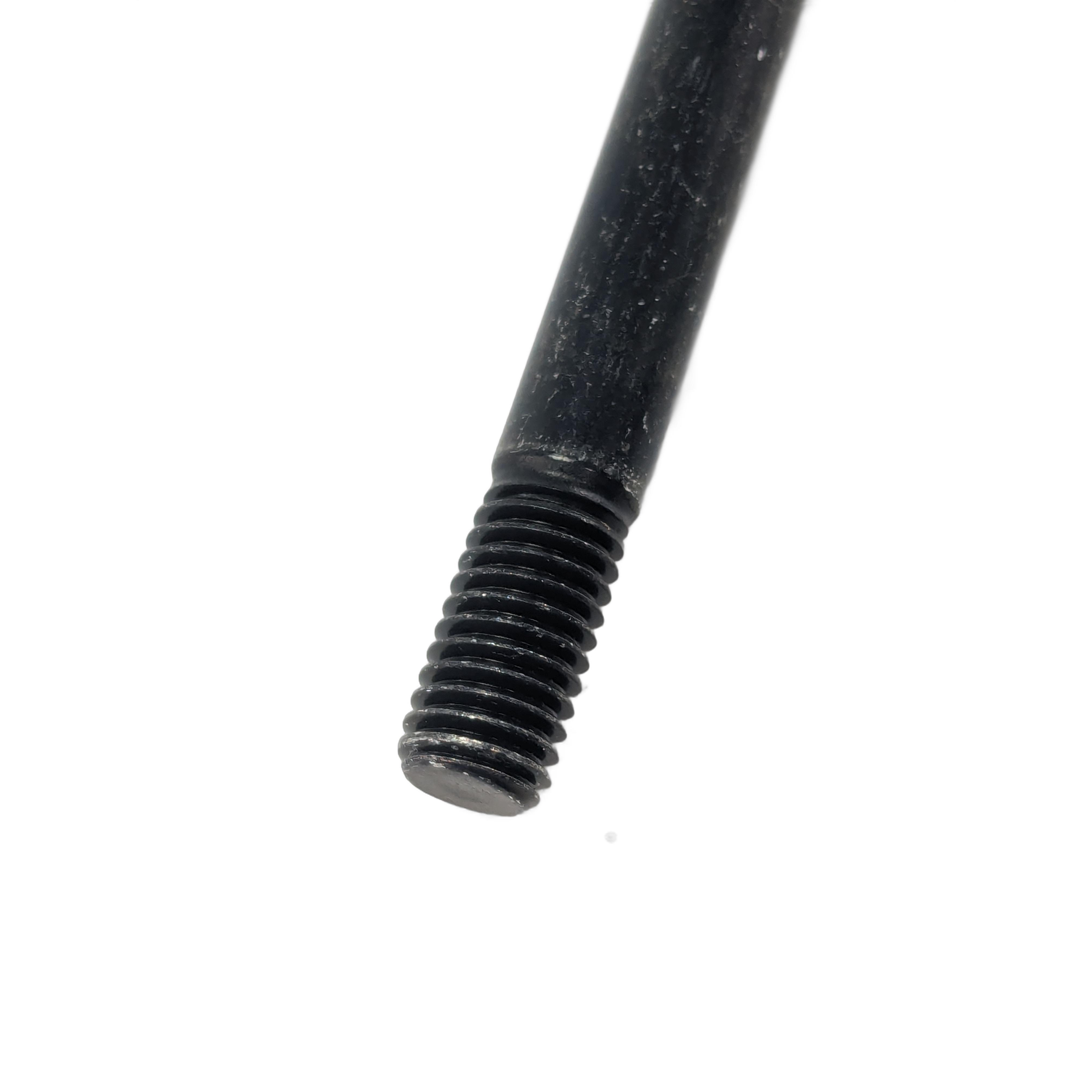 Black metal bolt stud with coarse threading on one end and a smooth cylindrical shaft.
