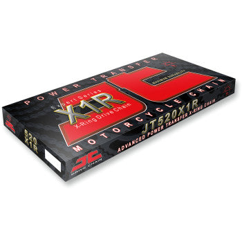 Rectangular black box packaging for the JT Chains 530 X1R Heavy Duty Drive Chain (94 links), featuring bold red and gold text and graphics emphasizing Advanced Power Transfer—perfect for superbike and high-performance motorcycle chains.