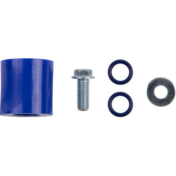 The Yamaha Chain Roller Blue by T.M. Designworks, shown with a silver bolt, two blue O-rings, and a gray washer for low friction, are lined up on a white background.
