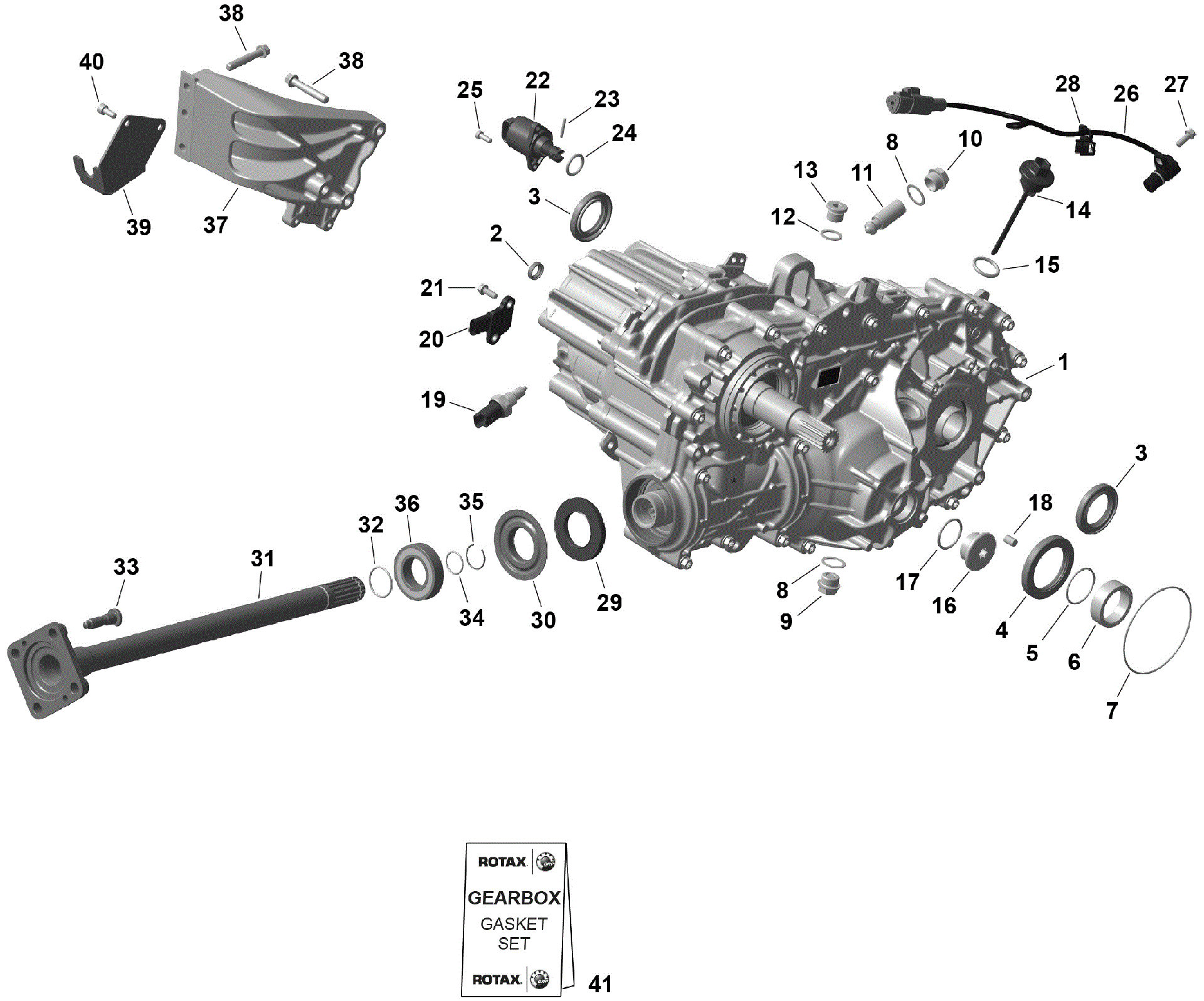 An Image of a Genuine Can-Am Parts Schematic Diagram showing the schematic - ROTAX - GEARBOX ASSY AND DRIVE SHAFT