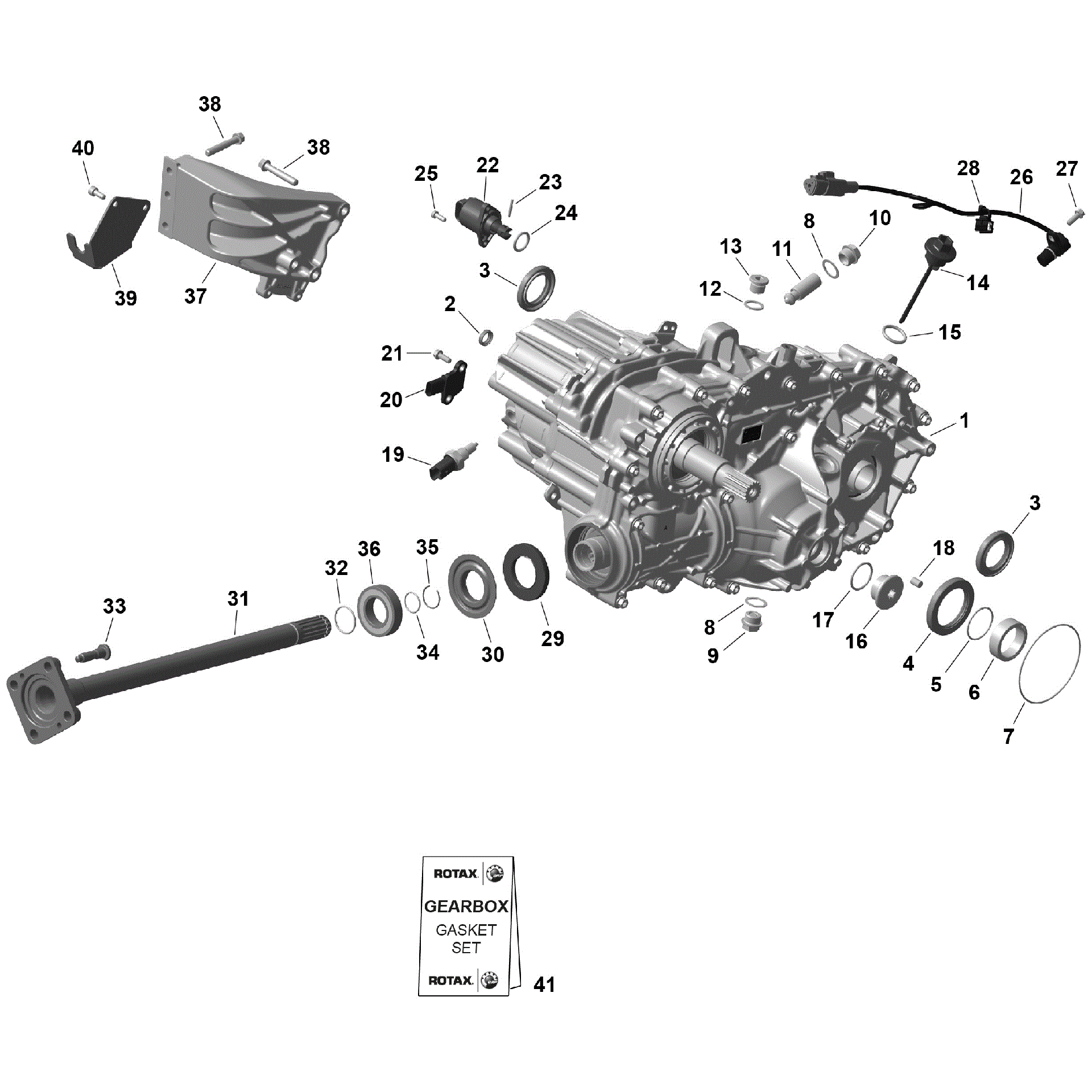 An Image of a Genuine Can-Am Parts Schematic Diagram showing the schematic - ROTAX - GEARBOX ASSY AND DRIVE SHAFT