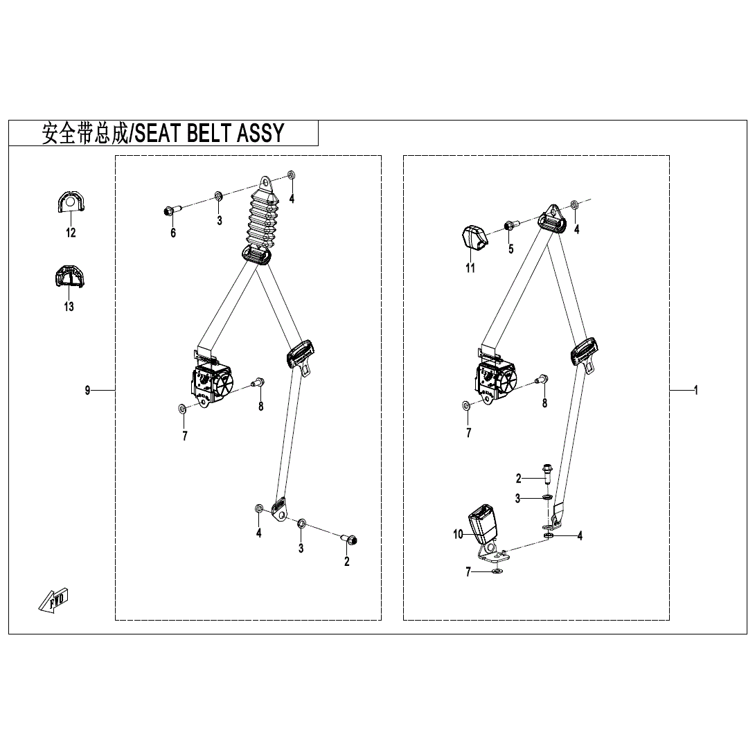 Exploded diagram of the Passenger Seat Belt Assembly by CF Moto for left and right sides, with labeled retractor, buckle, and webbing. Bilingual (Chinese/English) text at top. Source: Witchdoctors.com CFmoto OEM parts.