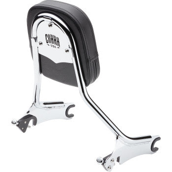 The Backrest - Tall - Chrome by Cobra is a detachable motorcycle sissy bar with a black padded passenger backrest, featuring Cobra and USA engraved on the chrome back plate for comfort and style.