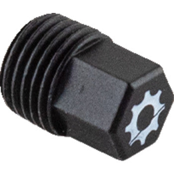 Close-up of the Engine Drain Plug by Quad Logic, featuring a black, hexagonal steel design with external threads and a silver gear-like marking on one end.