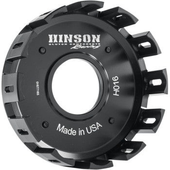 Black metal clutch basket with fins, engraved Hinson Racing logo and "Made in USA" text.