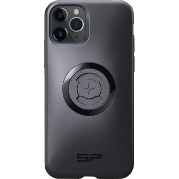 An SPC+ Phone Case iPhone® 11 Pro XS X by Sp Connect, black, with a shiny circular magnetic wireless charging mount featuring the SP logo near the bottom. The iPhone has three camera lenses at the top left corner.