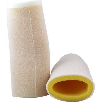 The Yamaha Foam Air Filter by No Toil is shown upright and on its side, featuring a yellow inner layer and beige outer layer for superior air filtration performance.