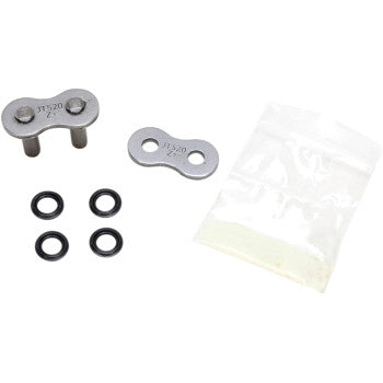 The 520 Z3 Replacement Master Link Rivet by JT Chains is shown, featuring a metal link with two pins, a matching plate, four black O-rings, and a small clear bag of lubricant.