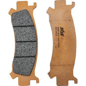 Two brown metallic Brake Pads by Sbs are shown. One displays a grooved, textured dark friction surface; the other shows the plain metal back with markings. Both have notched edges and use a sintered EVO compound.