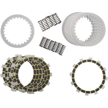 Clutch Kit by Barnett components—friction plates, steel drive plates, springs, and one white plate—are arranged on a white background.