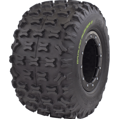 The Tire Ground Buster III Pro 20X11-9 by GBC is a large, rugged off-road tire with deep, aggressive treads and side lugs. GROUND BUSTER appears in green on the sidewall for enhanced traction on rough terrain.