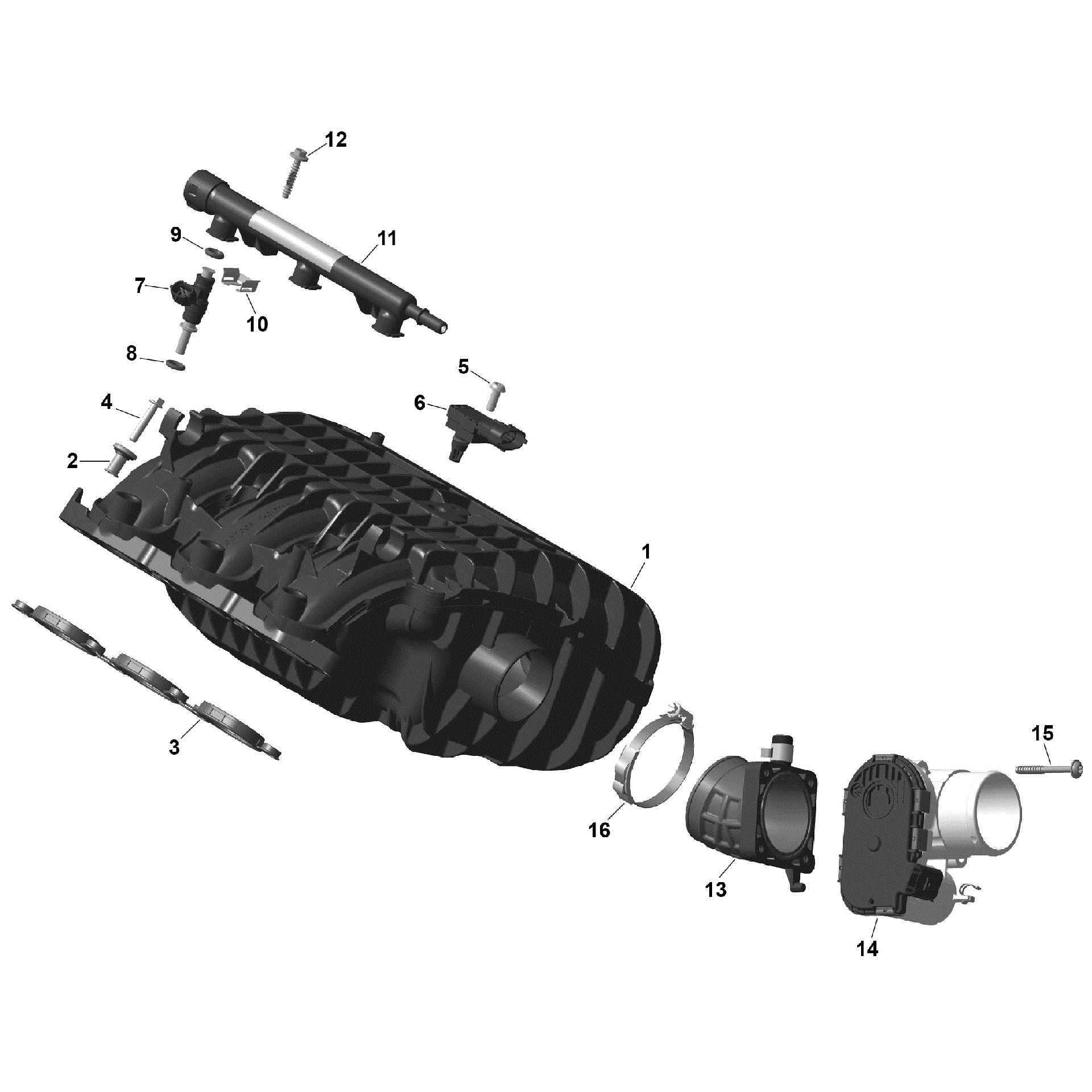 An Image of a Genuine Can-Am Parts Schematic Diagram showing the schematic - ROTAX - AIR INTAKE MANIFOLD AND THROTTLE BODY