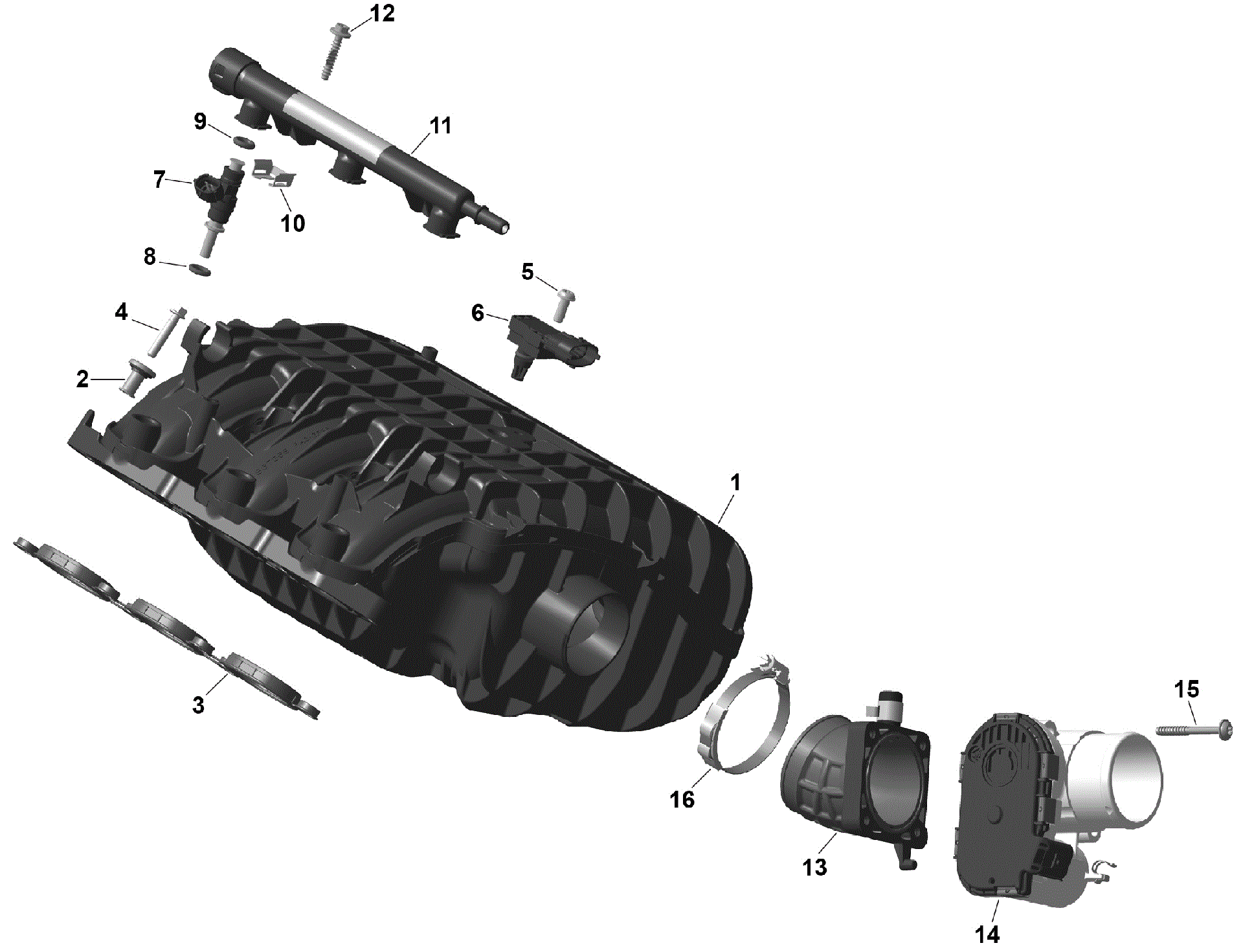 An Image of a Genuine Can-Am Parts Schematic Diagram showing the schematic - ROTAX - AIR INTAKE MANIFOLD AND THROTTLE BODY