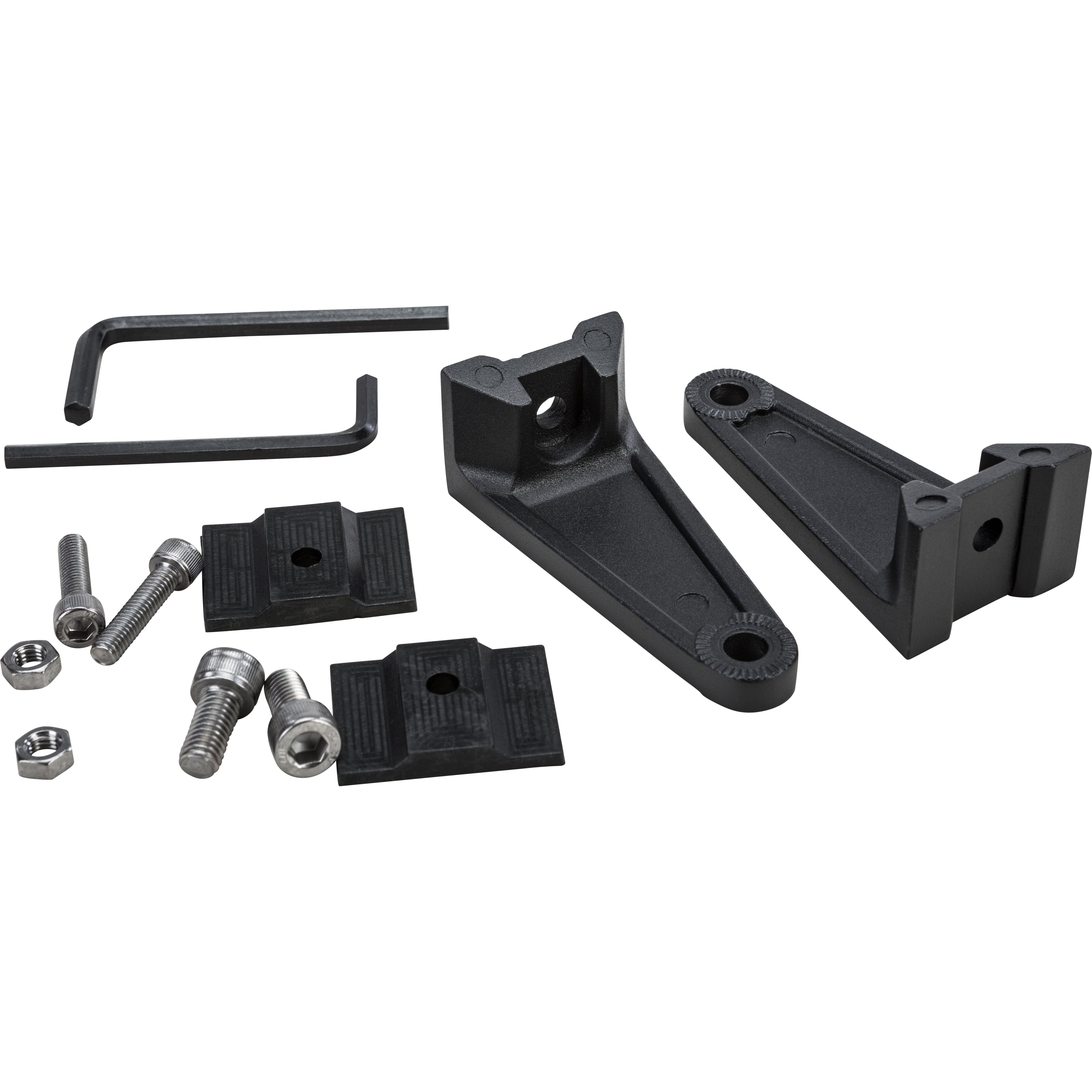 The Light Bar Mounting Arm Pair by Open Trail includes two black brackets, two hex keys, four bolts, four washers, and two rectangular plates, all displayed on a white background.