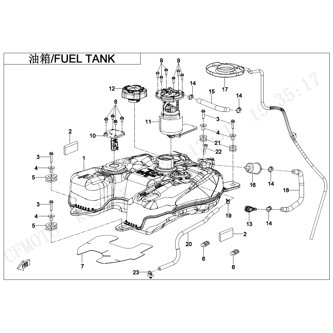 An Image of a genuine CFMOTO Parts Schematic Diagram showing the group - FUEL TANK - 2025 CFMOTO CFORCE 500 S
