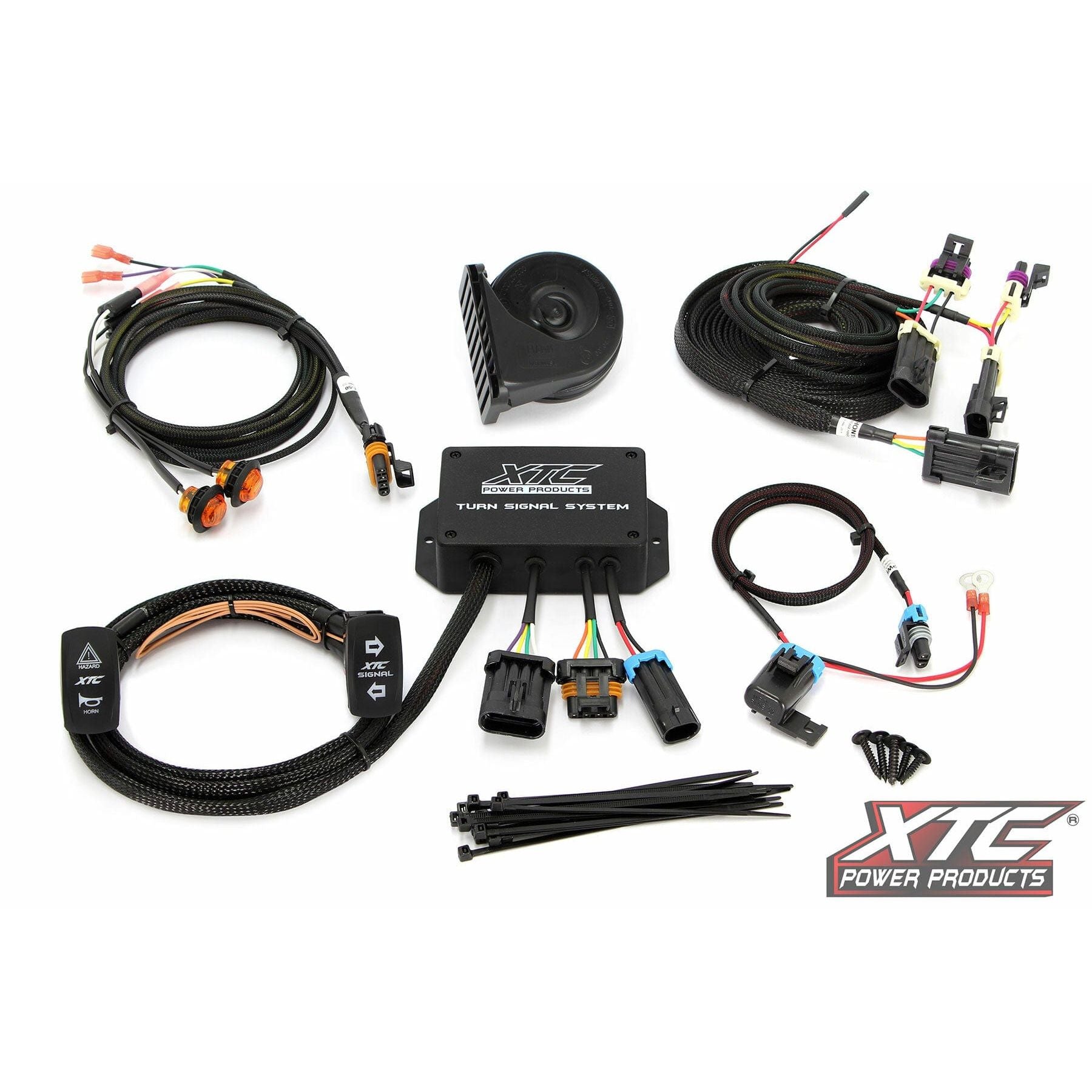 The Standard Turn Signal Kit Hon By XTC Power includes wiring harnesses, switches, connectors, a compact black horn, zip ties, and features the XTC Power Products logo. Compatible with OEM harness and supports brake lights.