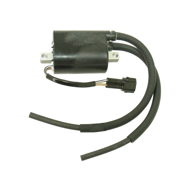 A Suzuki KingQuad AXI Ignition Coil by Bronco in black, shown on a white background, features two mounting brackets and rubber-insulated cables with attached wiring and connector.