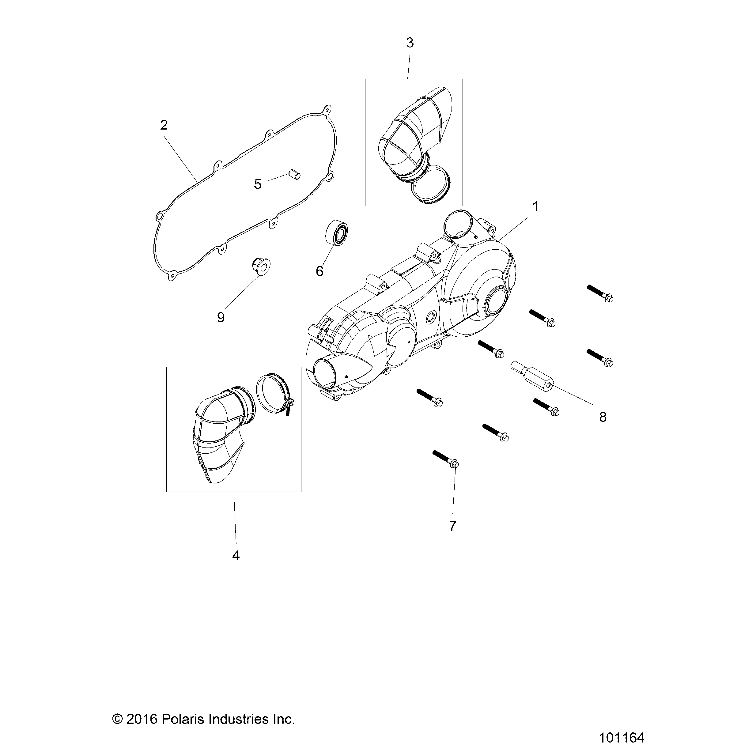 An Image of a Genuine Polaris Parts Schematic Diagram showing the schematic - DRIVE TRAIN: CLUTCH COVER AND DUCTING - 2021 POLARIS ACE 150 EFI