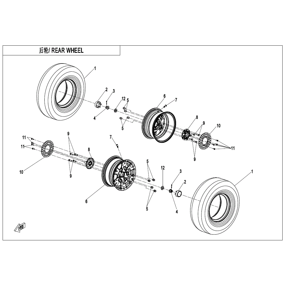 An Image of a Genuine CFMOTO Parts Schematic Diagram showing the schematic - REAR WHEEL - 2025 CFMOTO UFORCE 1000