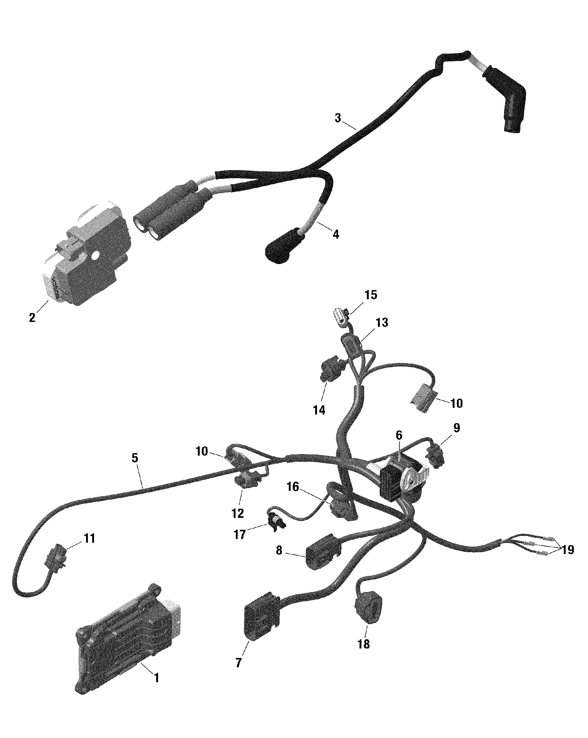 An Image of a Genuine Can-Am Parts Schematic Diagram showing the schematic - ROTAX - ENGINE HARNESS AND ELECTRONIC MODULE