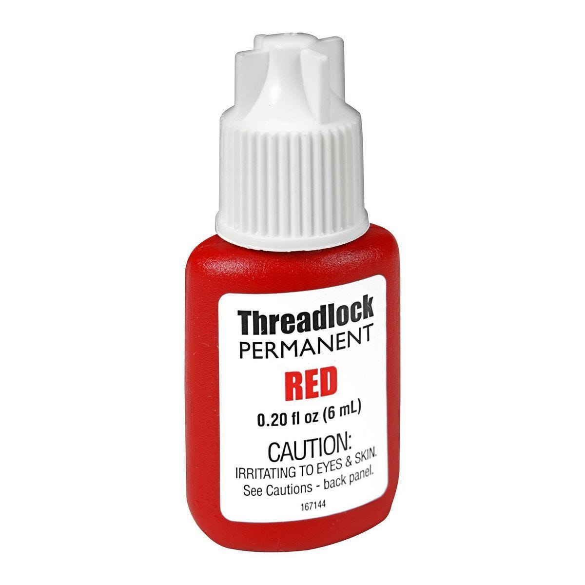 A small red bottle of Permanent High-Strength Red Thread Locker .20 oz by Witchdoctors with a white cap. Ensures permanent thread locking for motorcycle fasteners. Includes eye and skin irritation cautions on the label.