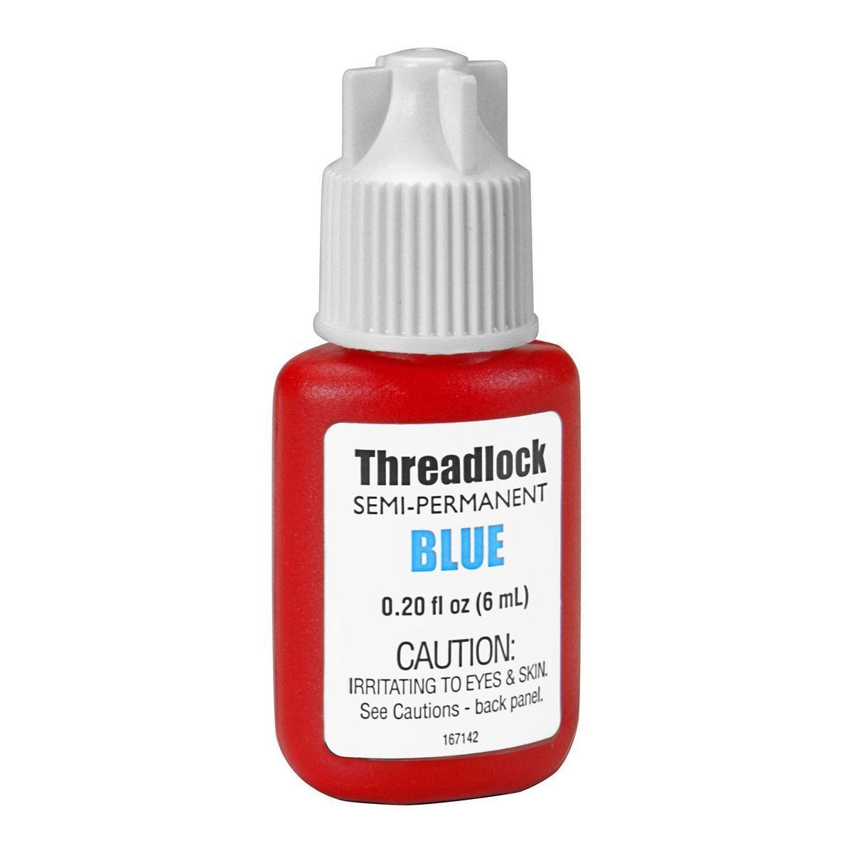 A small blue bottle (0.20 oz) of Witchdoctors Semi-Permanent Medium Strength Thread Locker with a white cap; warning labels note this compound can irritate eyes and skin.