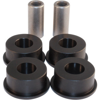 Four black flanged bushings and two metallic sleeves, components of the Epi A-Arm Repair Kit Front Upper Lower, are arranged on a white background.