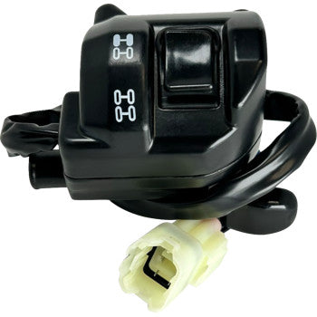 The Throttle Assembly by Moose Offroad is a black plastic automotive switch with 4WD/2WD indicator icons, pre-wired to a white connector for plug and play installation, ensuring quick integration into your system.
