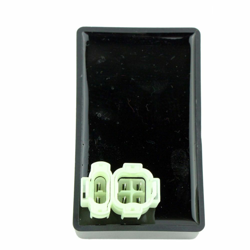 Glossy black rectangular CDI box with two white electrical connectors on one end.