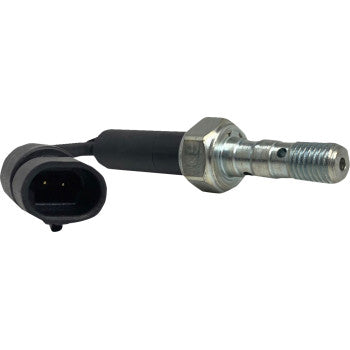 A close-up of the Polaris Brake Light Pressure Switch by Moose Offroad, featuring a threaded metal body and black electrical connector, displayed against a plain white background.