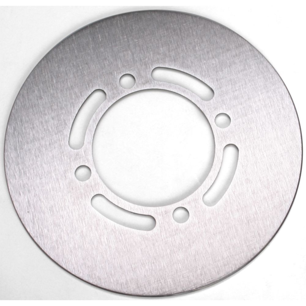 Silver round metal brake rotor with multiple circular and elongated cutouts around the center mounting hole.