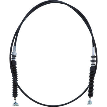 The Can Am Maverick Shift Cable Commander Max by All Balls is a black mechanical cable with metal end fittings, rubber boots on both ends, and a PVC outer jacket—ideal for shift applications in vehicles or machinery.