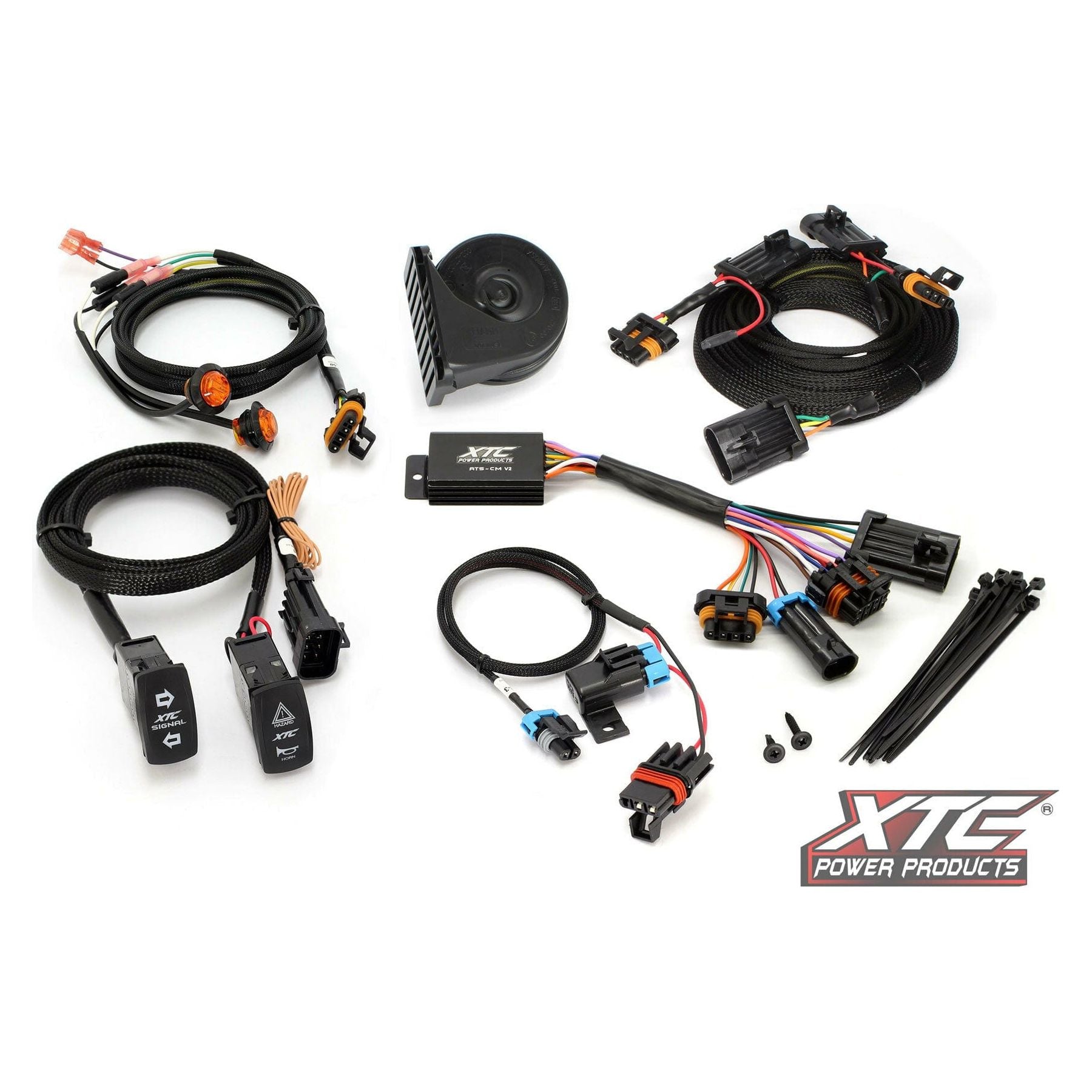 The Self Canceling Turn Signal Kit Pol by XTC Power includes a marine-grade rocker switch, switches, connectors, wires, zip ties, and a black relay. All components are arranged on a white background with the XTC Power Products logo below.